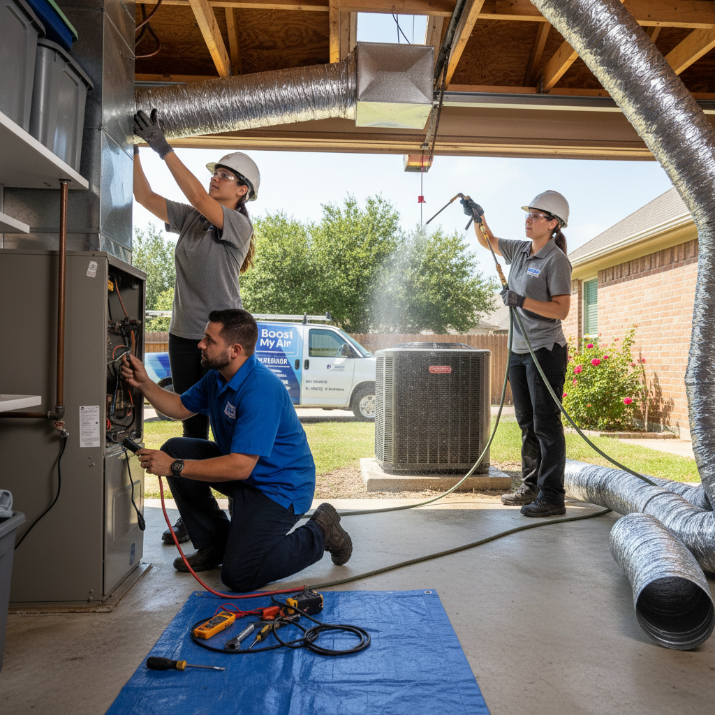 Experienced HVAC technician from Boost My Air inspecting a furnace in a Grand Prairie, TX home.