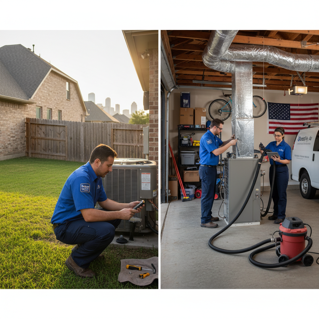 Experienced HVAC technician from Boost My Air inspecting an air conditioning unit in a Grand Prairie, TX home.