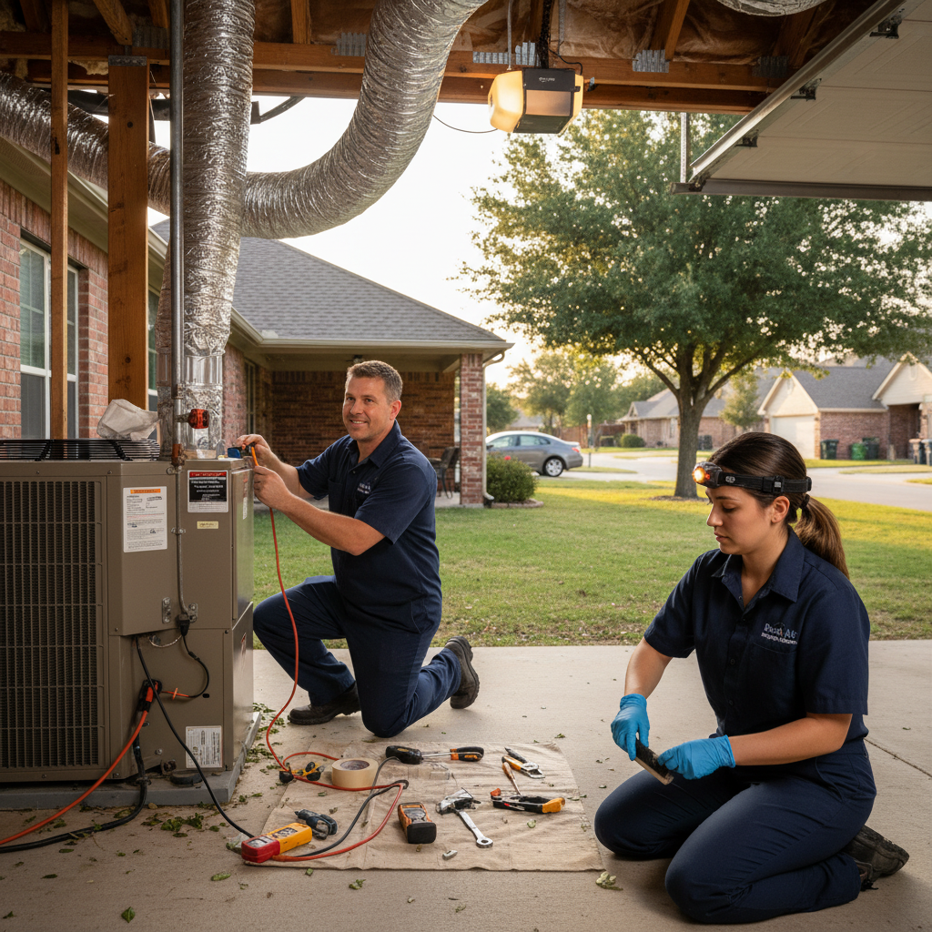 Experienced HVAC technician from Boost My Air inspecting an AC unit in a Grand Prairie, TX home.