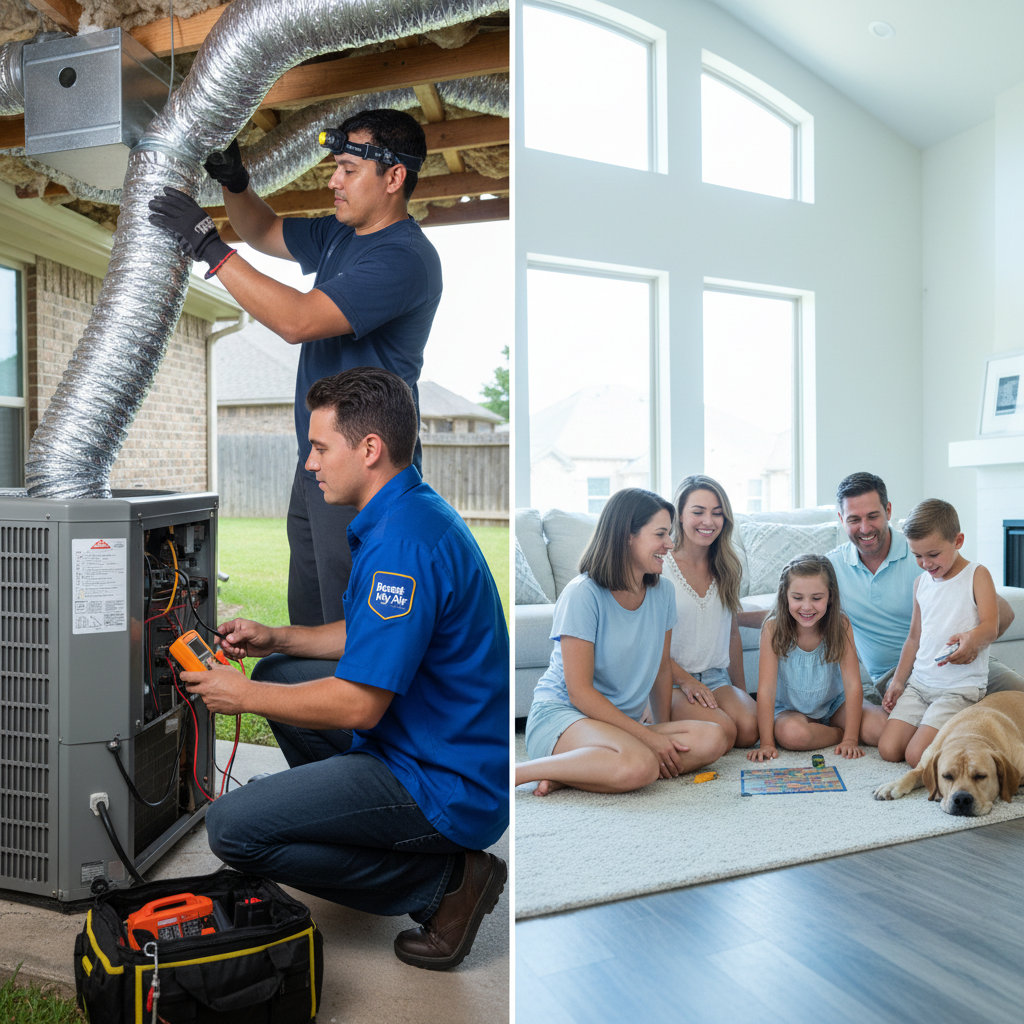 Experienced HVAC technician from Boost My Air servicing an outdoor AC unit in Grand Prairie, TX, DFW metroplex.