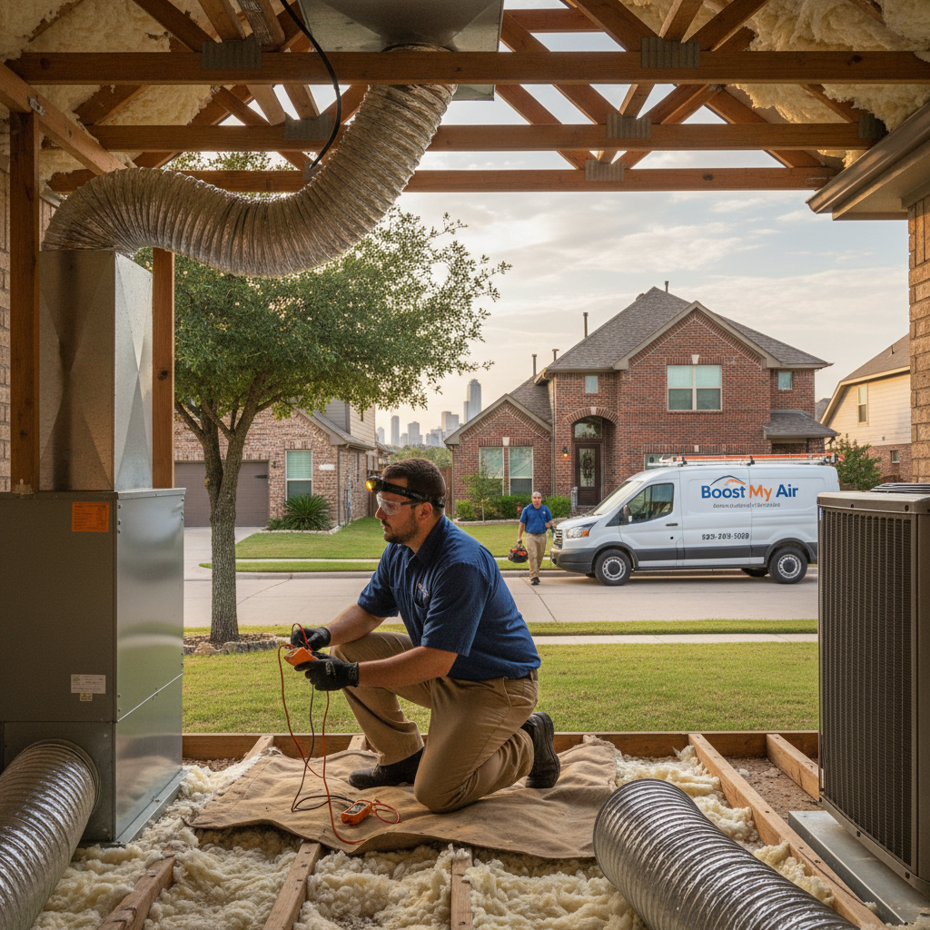 Experienced HVAC technician from Boost My Air servicing an outdoor AC unit in a Grand Prairie, TX backyard.