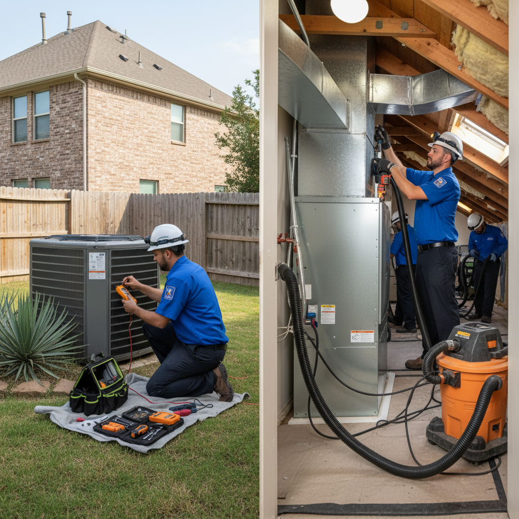 Experienced HVAC technician from Boost My Air servicing an outdoor AC unit in Grand Prairie, TX.