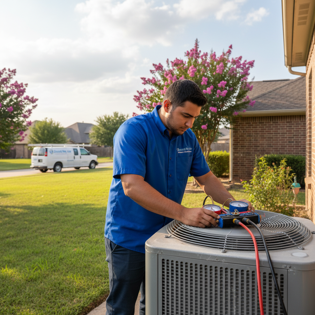 Experienced HVAC technician from Boost My Air servicing an outdoor AC unit in Grand Prairie, TX.