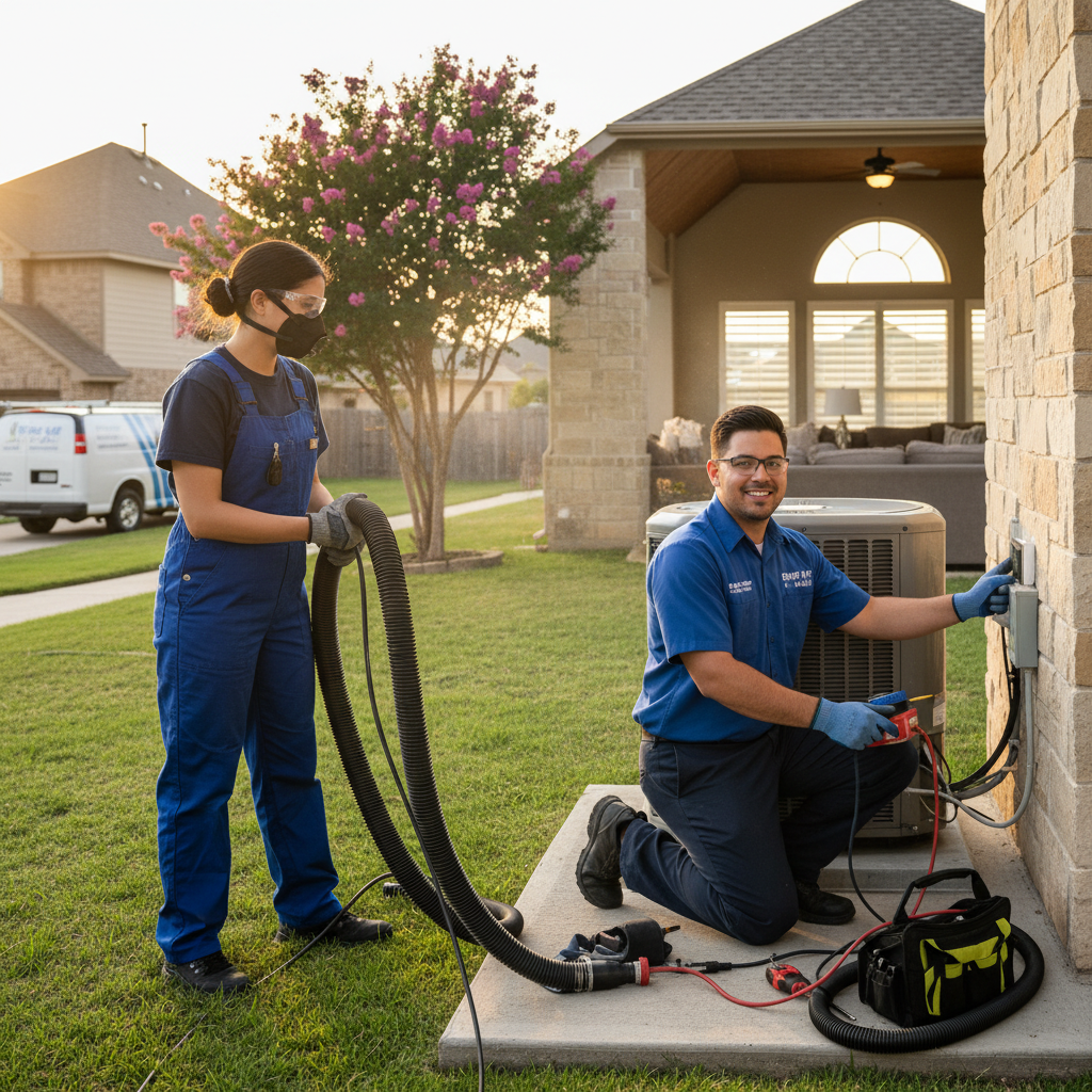 Experienced HVAC technician performing a meticulous AC unit inspection in a Grand Prairie, TX home.