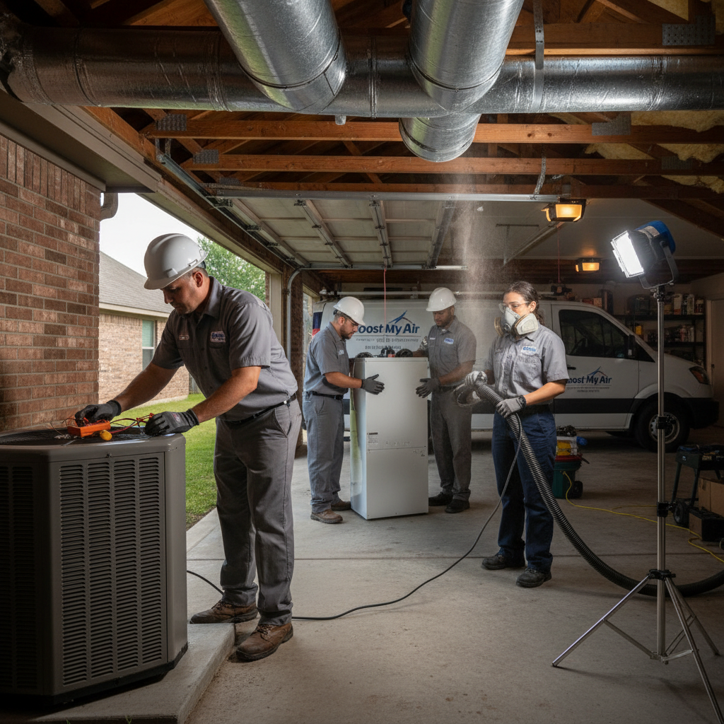 Experienced HVAC technician performing a meticulous air conditioning repair in a Grand Prairie, TX home.