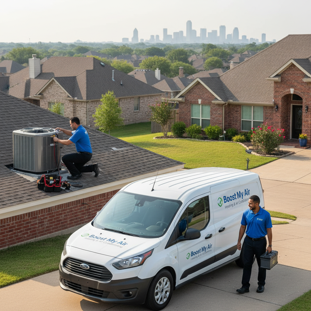 Experienced HVAC technician performing air conditioning maintenance on a rooftop unit in Grand Prairie, TX.