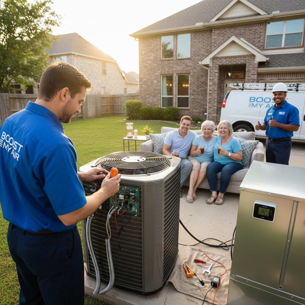 Experienced HVAC technician performing air conditioning repair service in a Grand Prairie, TX home.