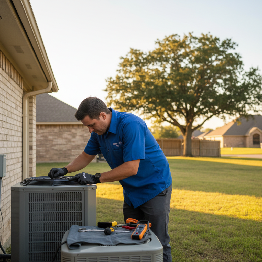 Experienced HVAC technician performing an AC repair service on an outdoor unit in Grand Prairie, TX.