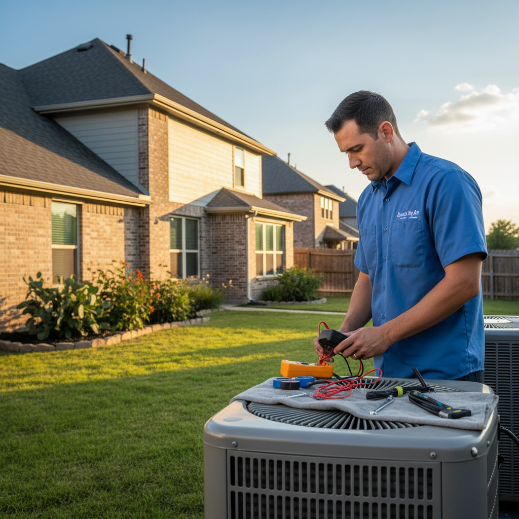 Experienced HVAC technician performing an AC repair service in a residential home in Grand Prairie, TX.