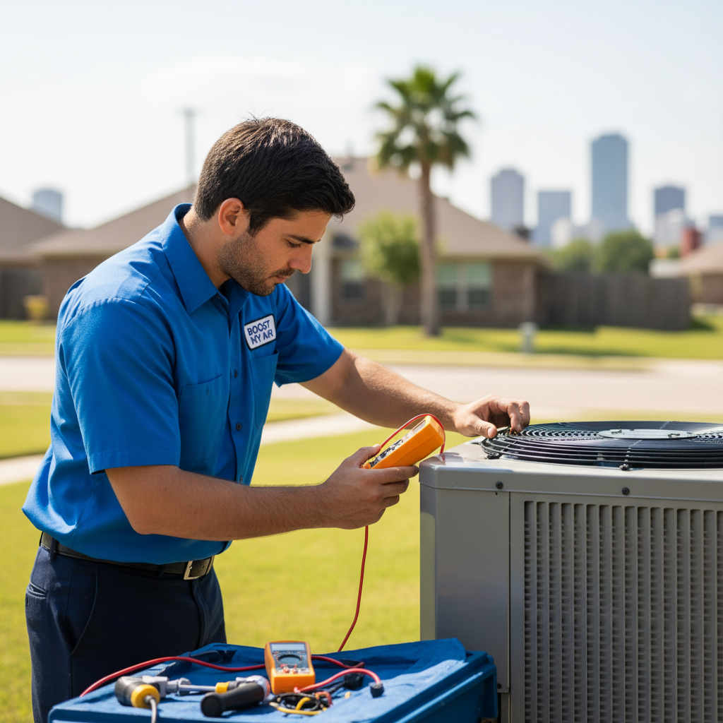 Experienced HVAC technician performing an AC repair service on an outdoor unit in Grand Prairie, TX.
