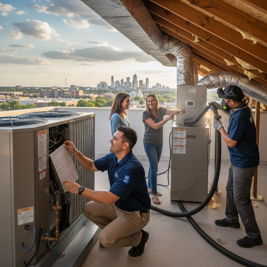 Experienced HVAC technician repairing a commercial air conditioning unit in Grand Prairie, TX.