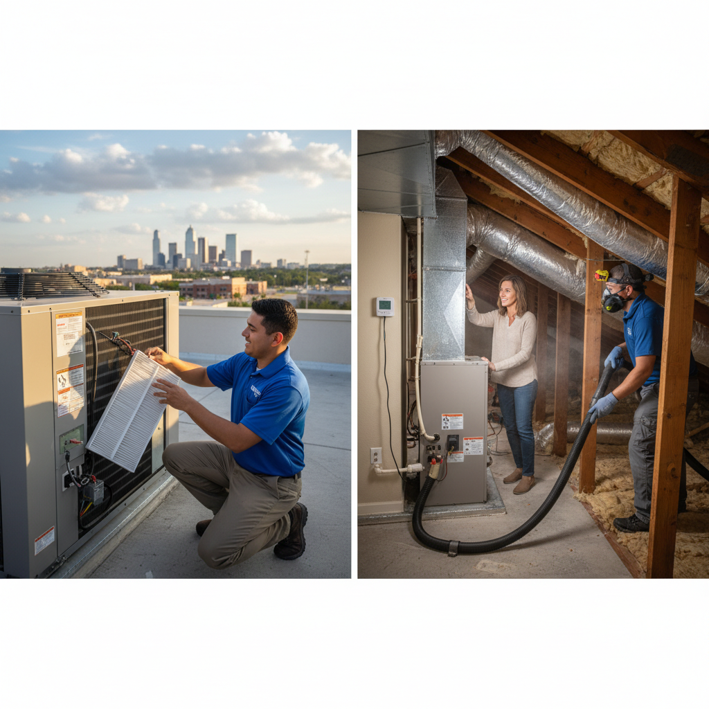 Experienced HVAC technician repairing a commercial air conditioning unit in Grand Prairie, TX.