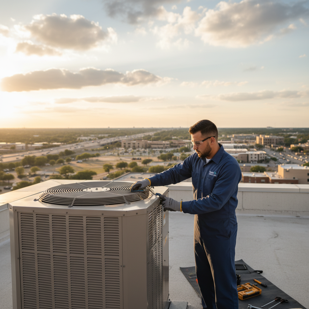 Experienced HVAC technician repairing a commercial air conditioning unit in Grand Prairie, TX.
