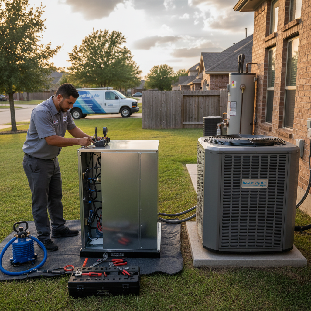 Experienced HVAC technician repairing a residential air conditioning unit in Grand Prairie, TX.