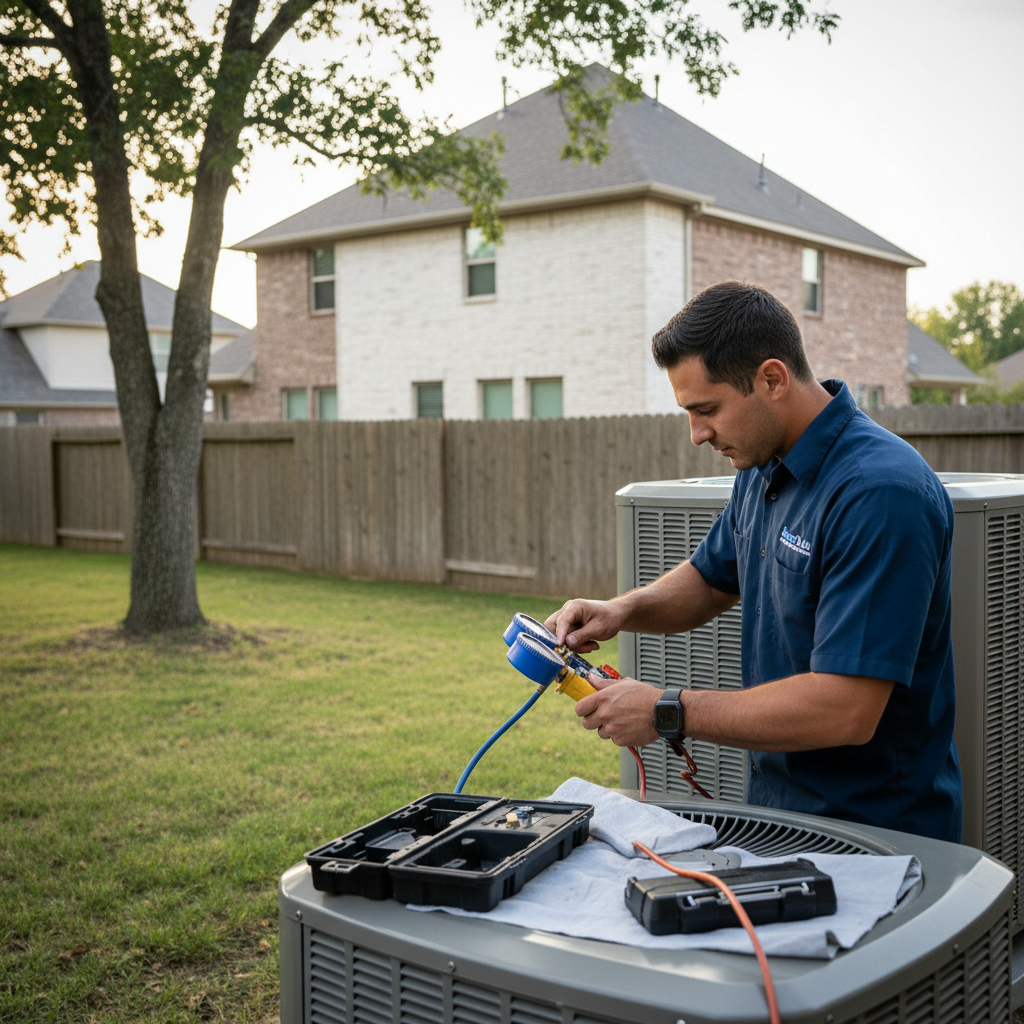 Experienced HVAC technician repairing an air conditioning unit outside a home in Grand Prairie, TX.