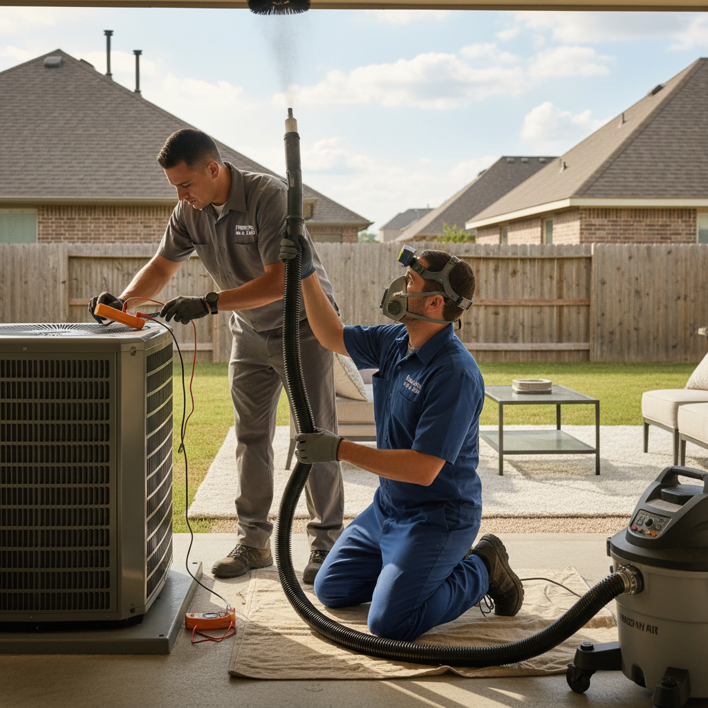 Experienced HVAC technician repairing an outdoor air conditioning unit in a Grand Prairie, TX backyard.
