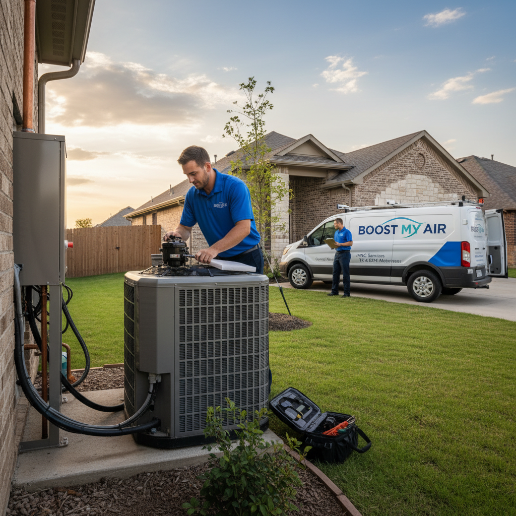 Experienced HVAC technician repairing an outdoor air conditioning unit in a Grand Prairie, TX backyard.