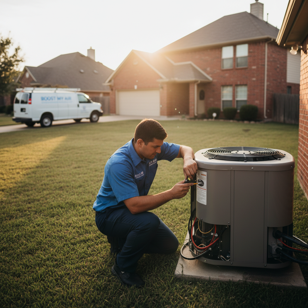 Experienced HVAC technician repairing an outdoor air conditioning unit in Grand Prairie, TX.