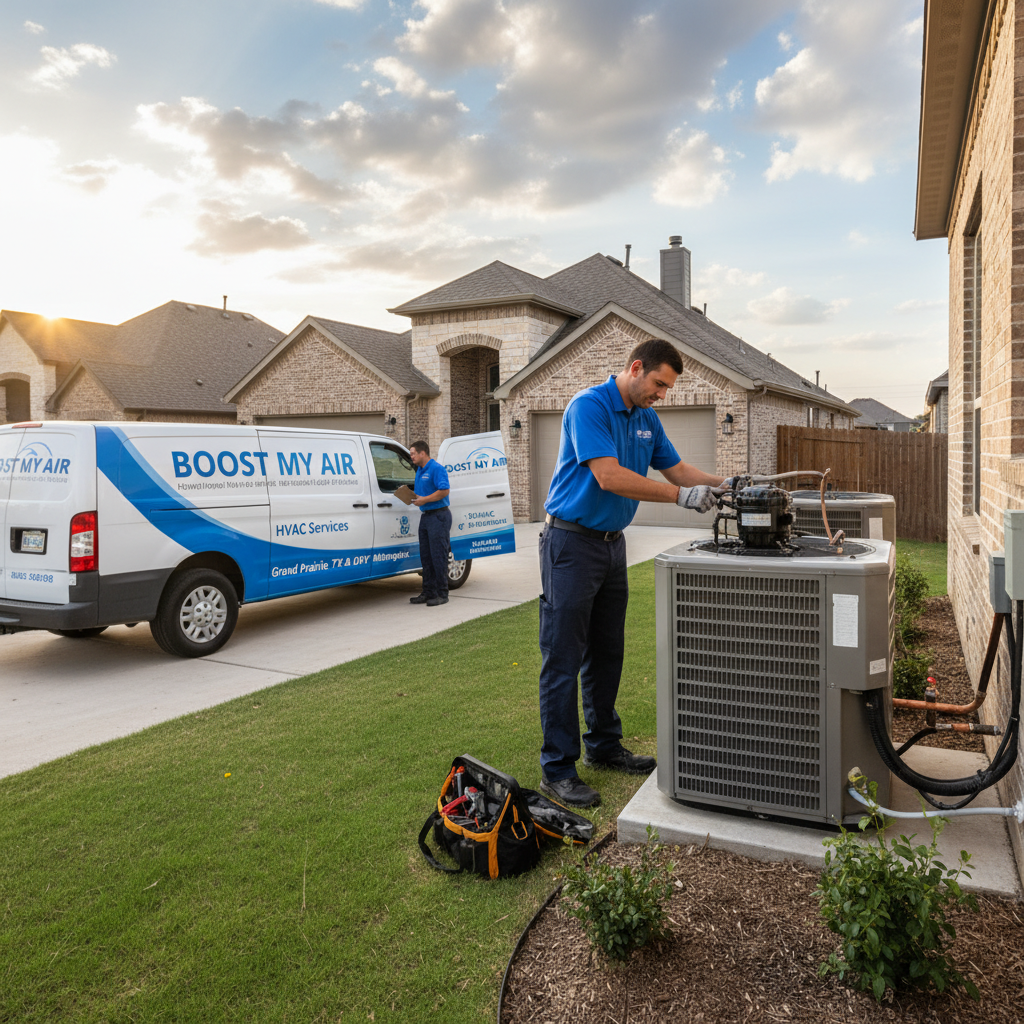 Experienced HVAC technician repairing an outdoor air conditioning unit in a Grand Prairie, TX backyard.