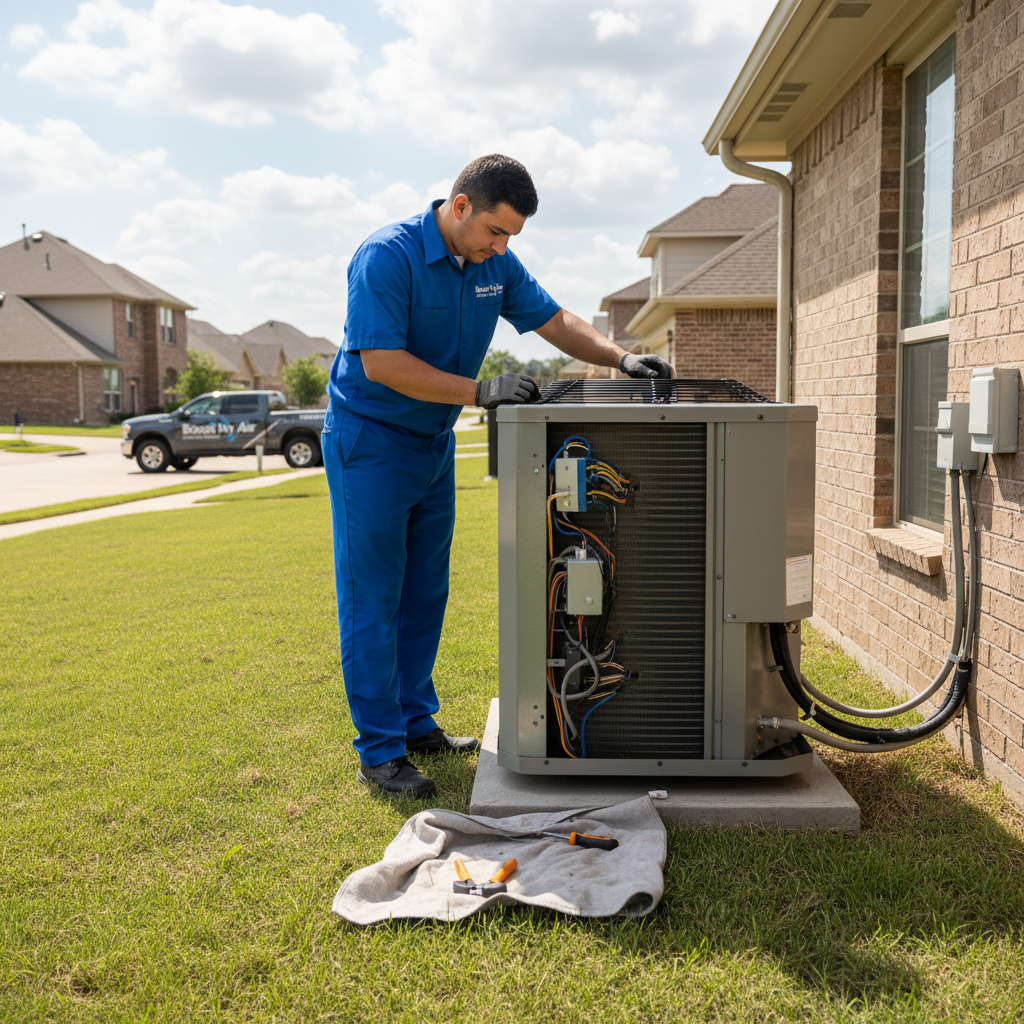 Experienced HVAC technician repairing an outdoor air conditioning unit in a Grand Prairie, TX home.