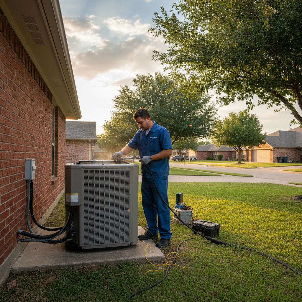 Experienced HVAC technician repairing an outdoor air conditioning unit for a Grand Prairie, TX home.