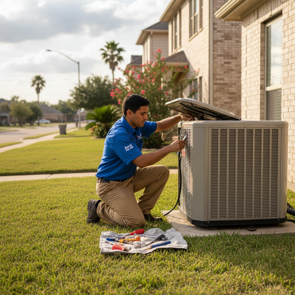 Experienced HVAC technician repairing an outdoor air conditioning unit for a home in Grand Prairie, TX.
