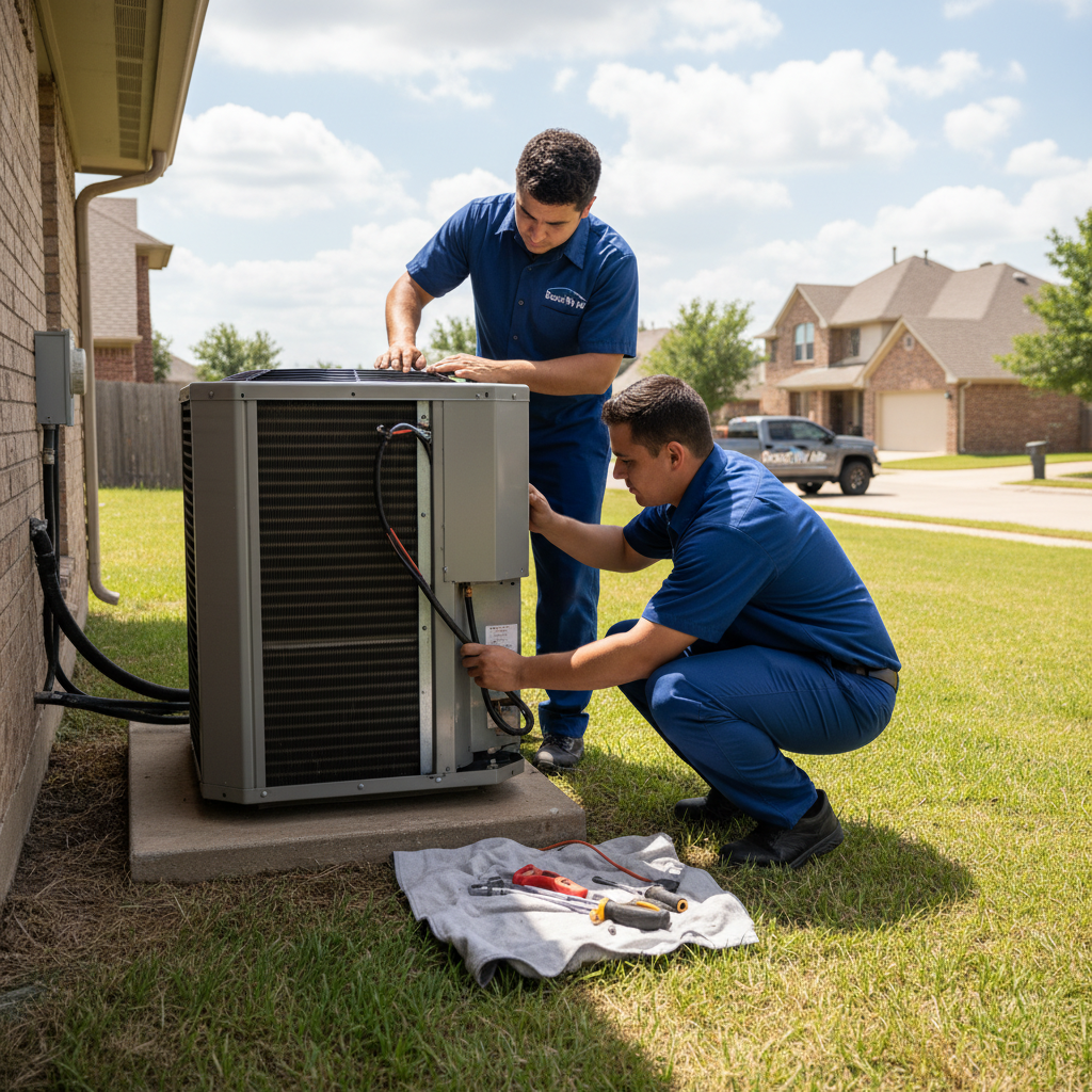 Experienced HVAC technician repairing an outdoor air conditioning unit in a Grand Prairie, TX home.