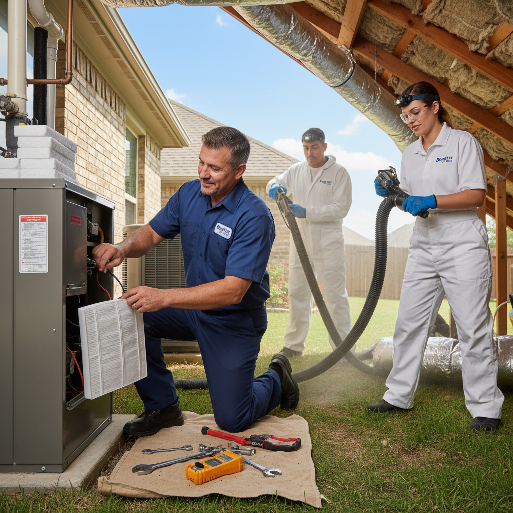 Experienced HVAC technician repairing an outdoor air conditioning unit in a Grand Prairie, TX home.