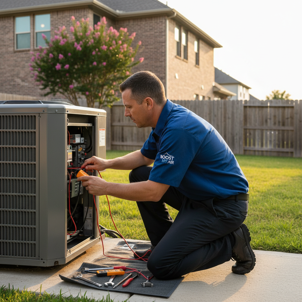 Experienced HVAC technician repairing an outdoor air conditioning unit in a Grand Prairie, TX home.