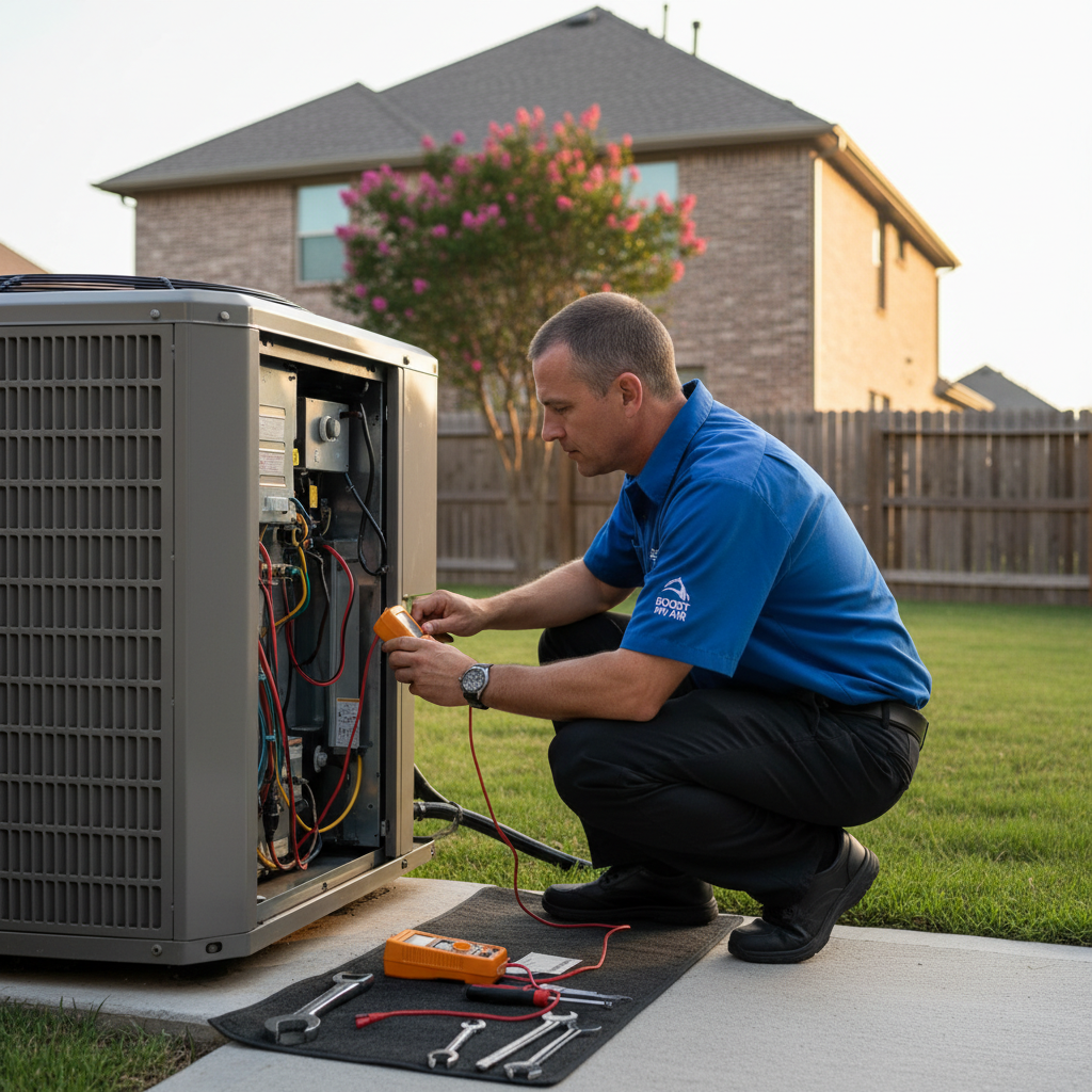 Experienced HVAC technician repairing an outdoor air conditioning unit in a Grand Prairie, TX home.