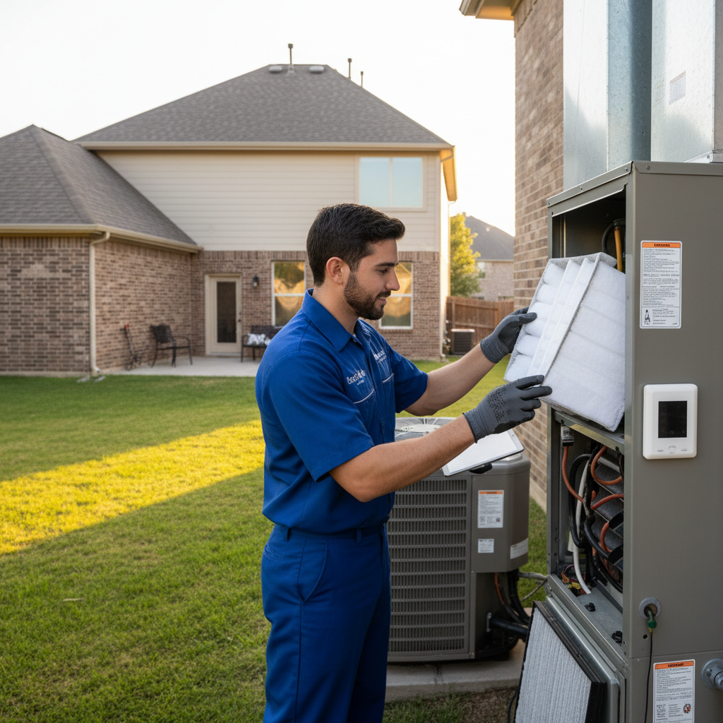 Experienced HVAC technician repairing an outdoor air conditioning unit for a home in Grand Prairie, TX.