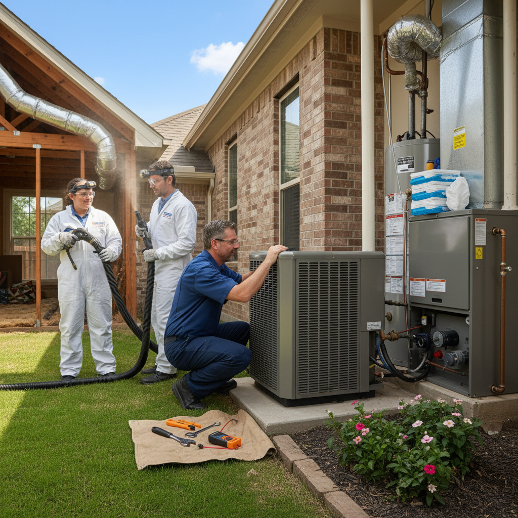 Experienced HVAC technician repairing an outdoor air conditioning unit in a Grand Prairie, TX home.