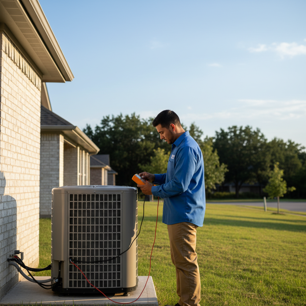 Experienced HVAC technician repairing an outdoor air conditioning unit in Grand Prairie, TX.