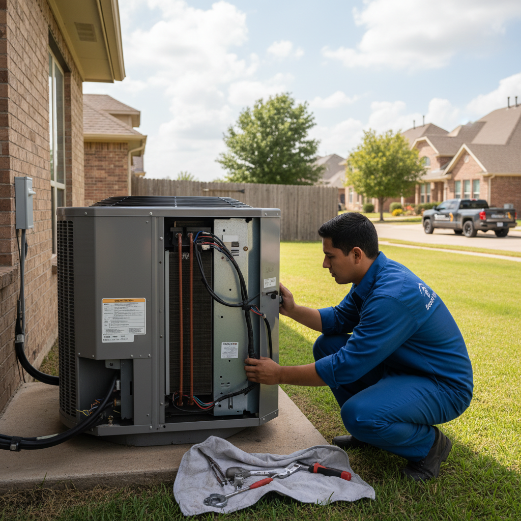 Experienced HVAC technician repairing an outdoor air conditioning unit in a Grand Prairie, TX home.