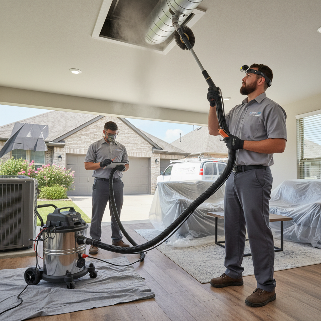 Experienced HVAC technician servicing an air conditioning unit outside a home in Grand Prairie, TX.