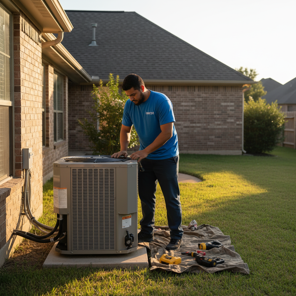 Experienced HVAC technician servicing an air conditioning unit outside a Grand Prairie, TX home.