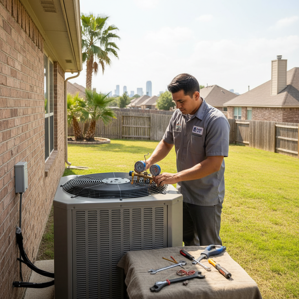 Experienced HVAC technician servicing an air conditioning unit outside a home in Grand Prairie, TX.