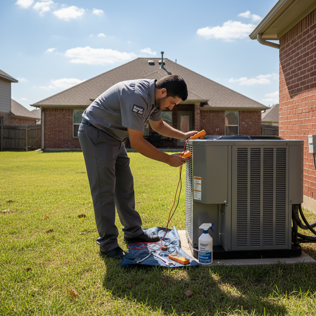 Experienced HVAC technician servicing an air conditioning unit outside a home in Grand Prairie, TX.