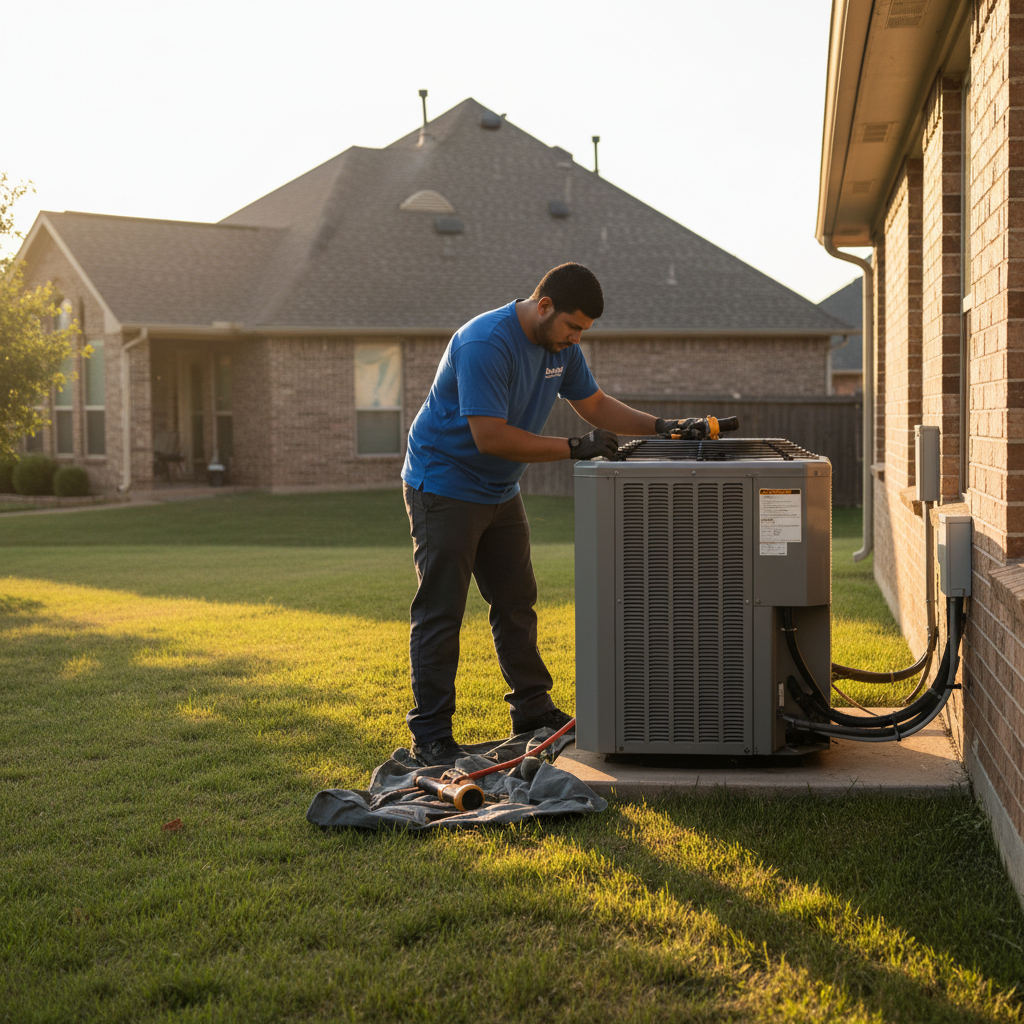 Experienced HVAC technician servicing an air conditioning unit outside a Grand Prairie, TX home.