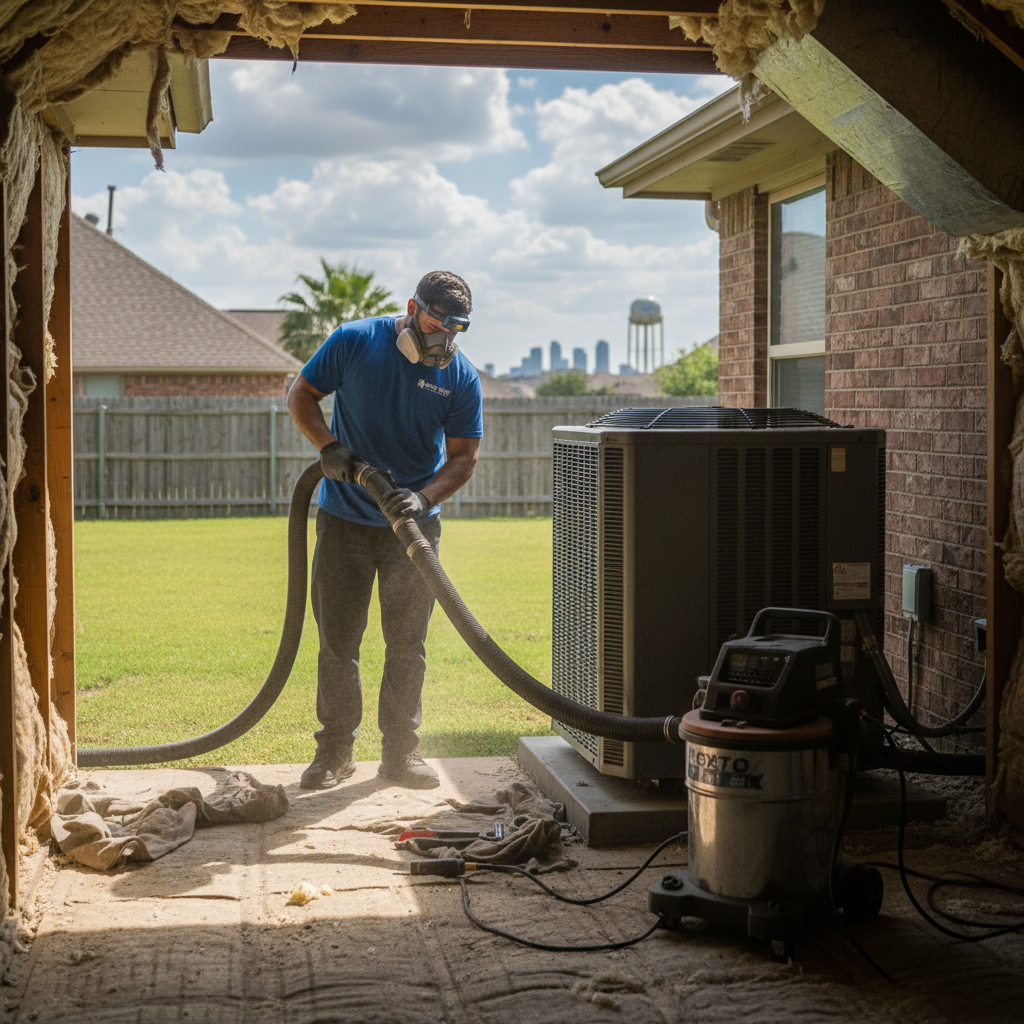 Experienced HVAC technician servicing an air conditioning unit outside a Grand Prairie, TX home.