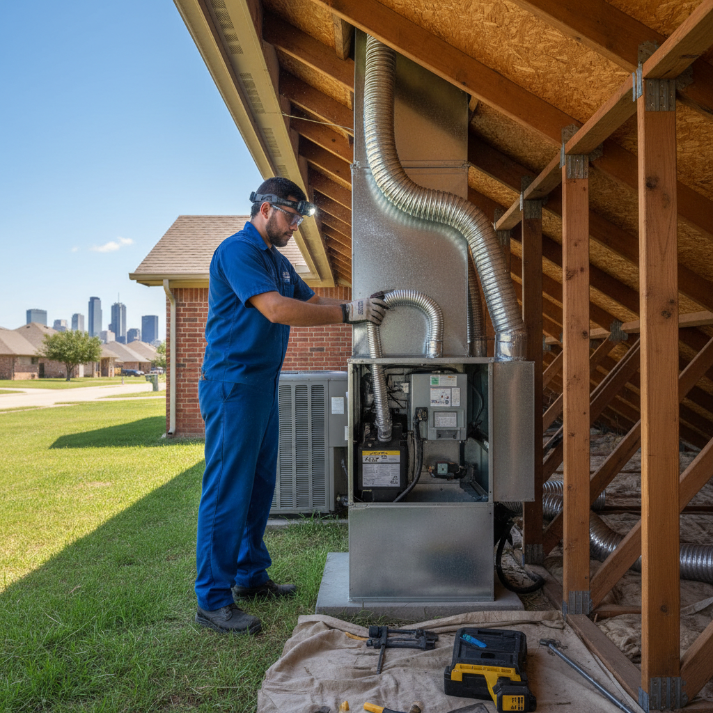 Experienced HVAC technician servicing an air conditioning unit outside a Grand Prairie, TX home.