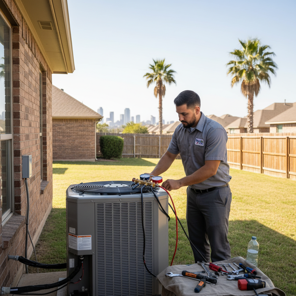 Experienced HVAC technician servicing an air conditioning unit outside a home in Grand Prairie, TX.