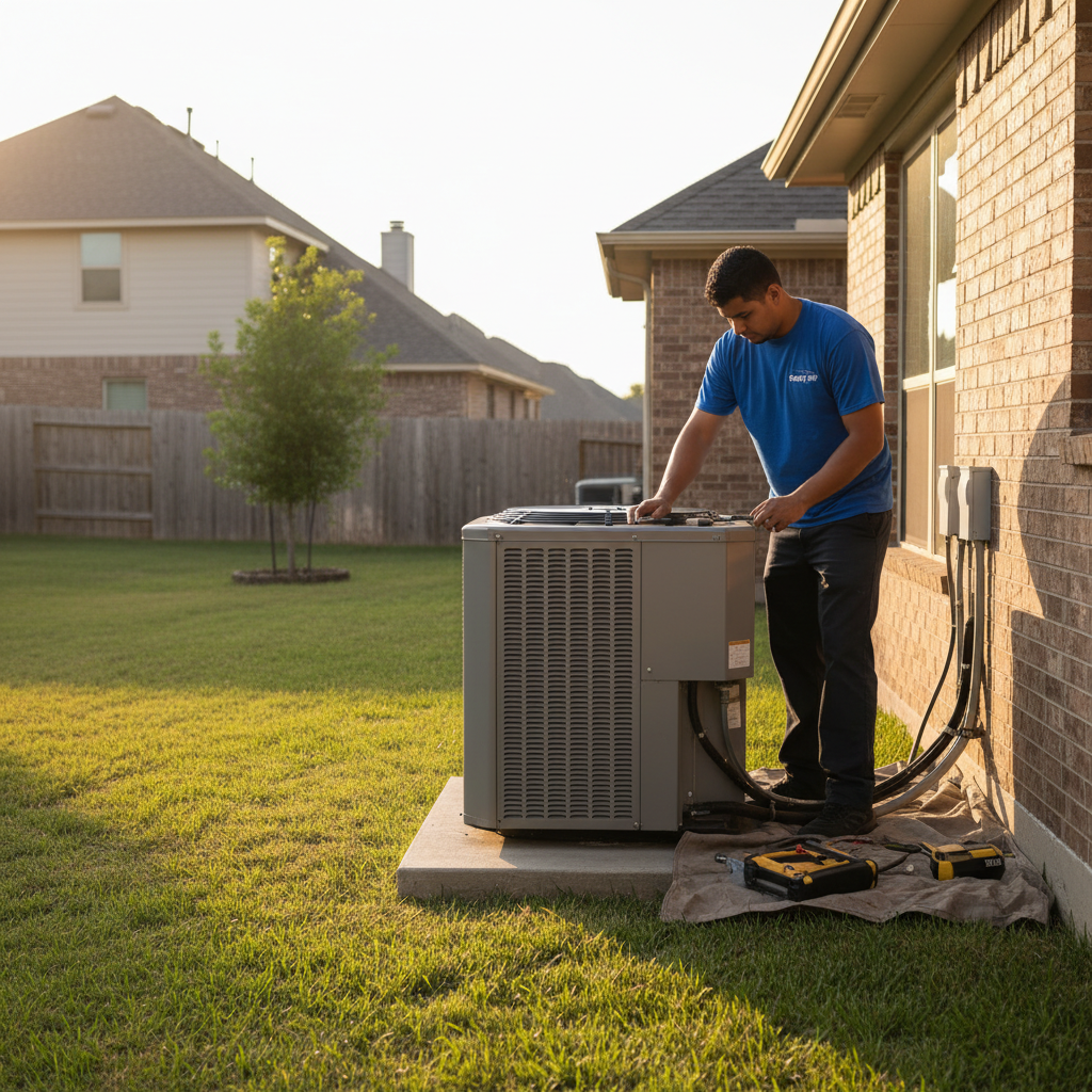 Experienced HVAC technician servicing an air conditioning unit outside a Grand Prairie, TX home.