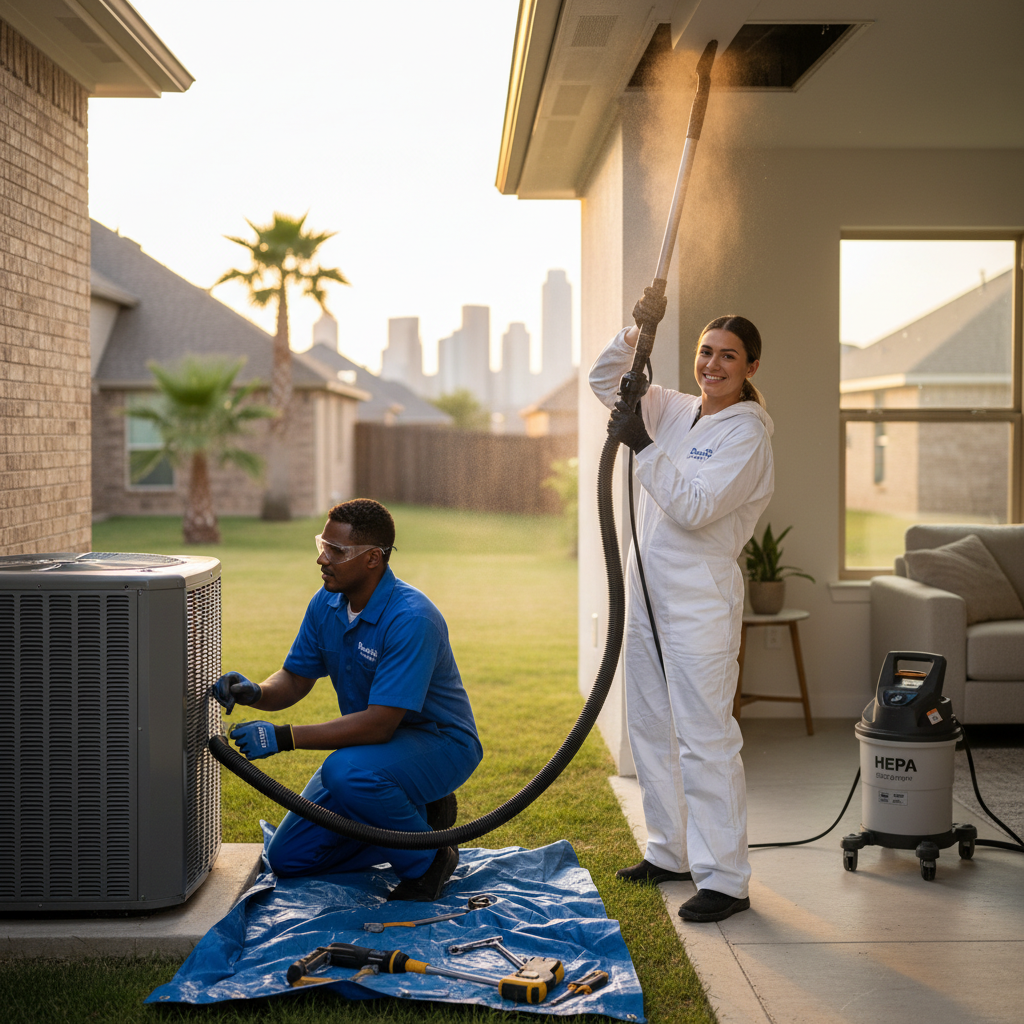 Experienced HVAC technician servicing an air conditioning unit outside a Grand Prairie, TX home.