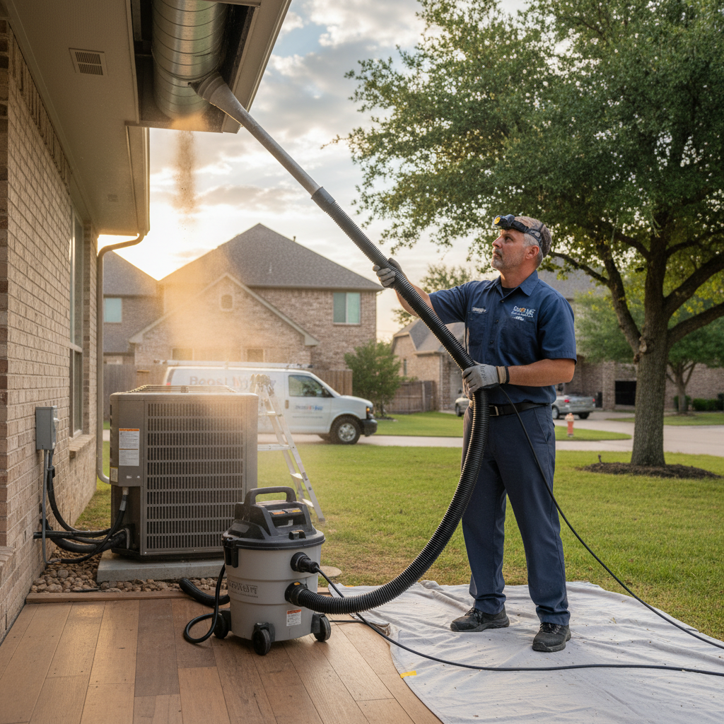Experienced HVAC technician servicing an air conditioning unit outside a home in Grand Prairie, TX.