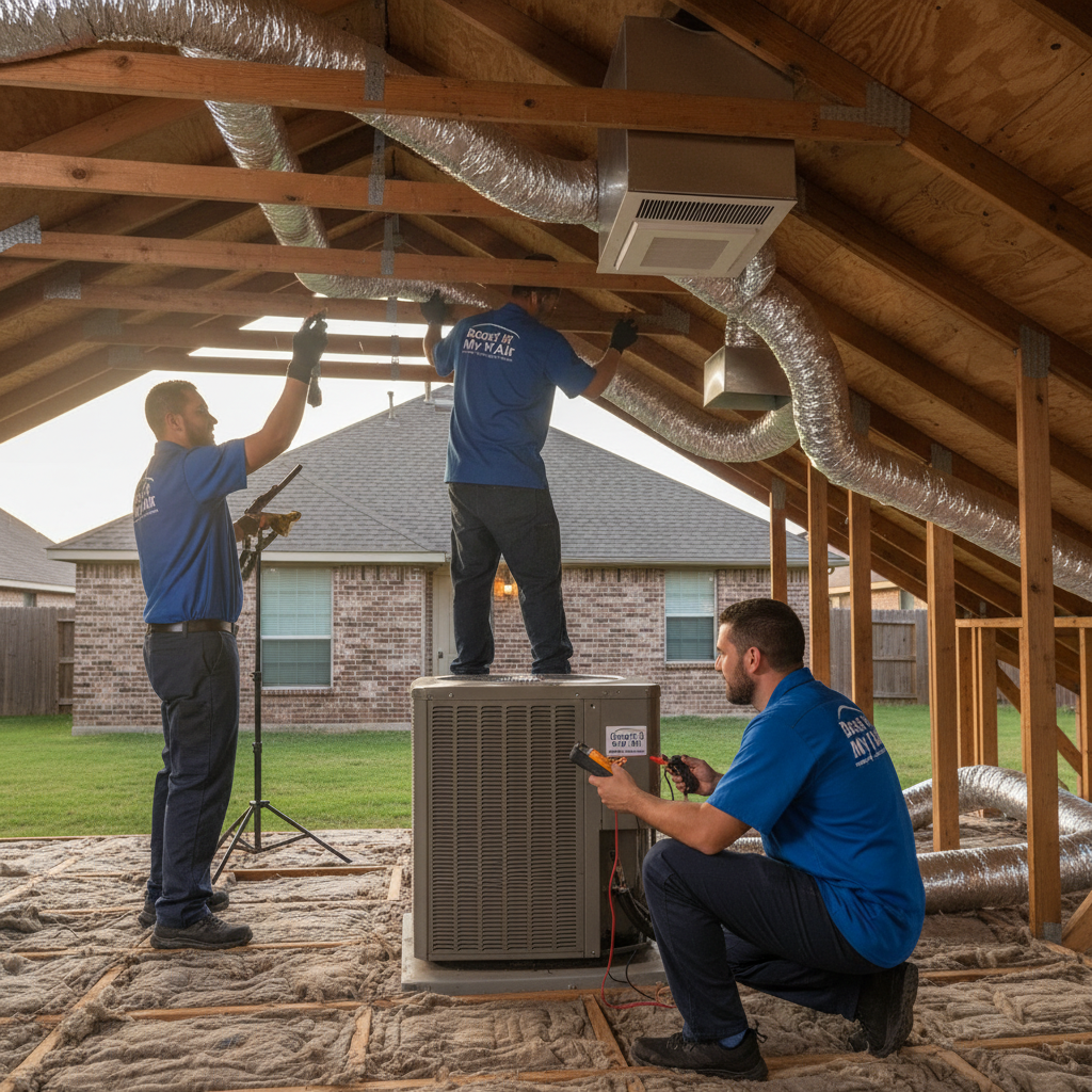 Experienced HVAC technician servicing an air conditioning unit outside a home in Grand Prairie, TX, DFW metroplex.