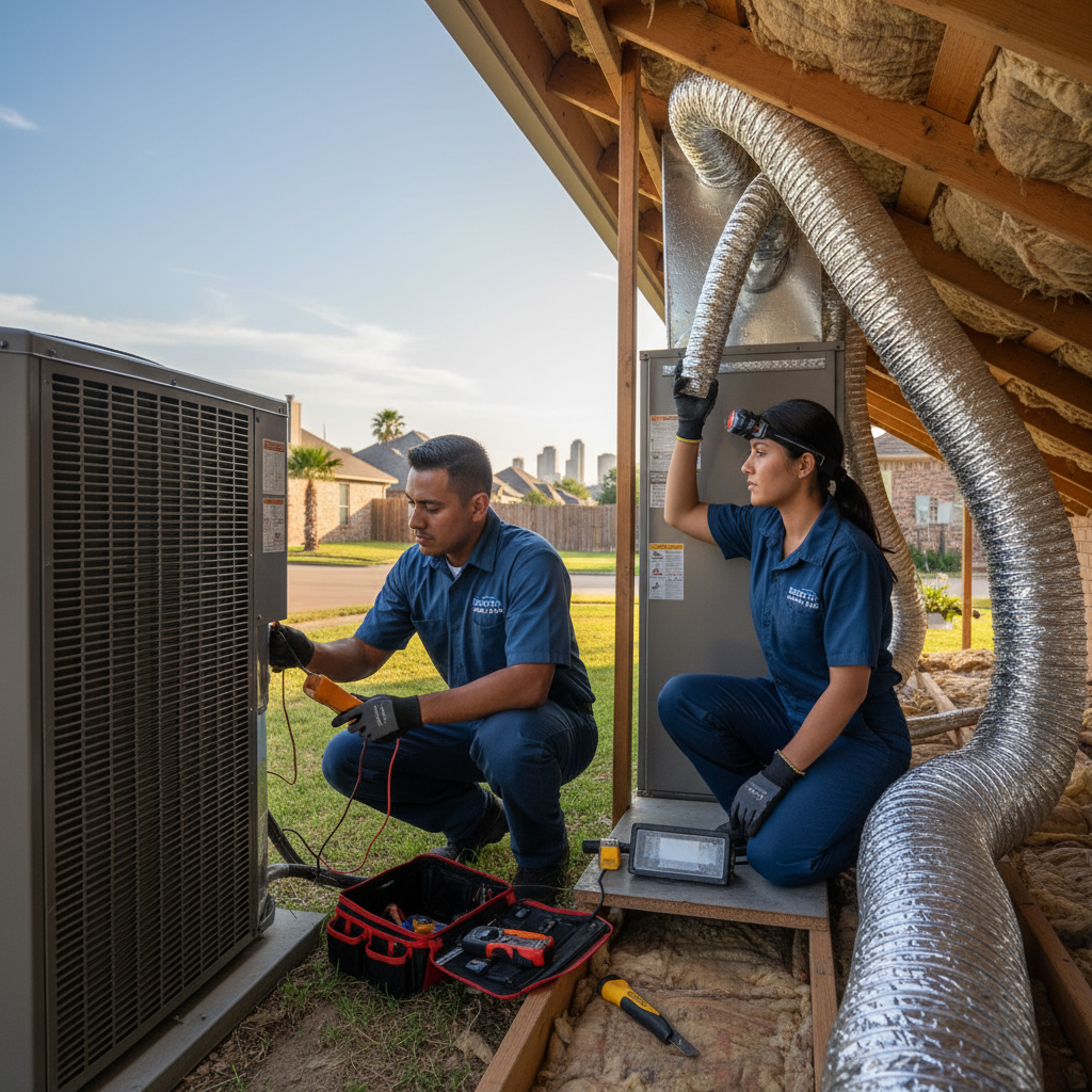 Experienced HVAC technician servicing an outdoor air conditioning unit in Grand Prairie, TX.