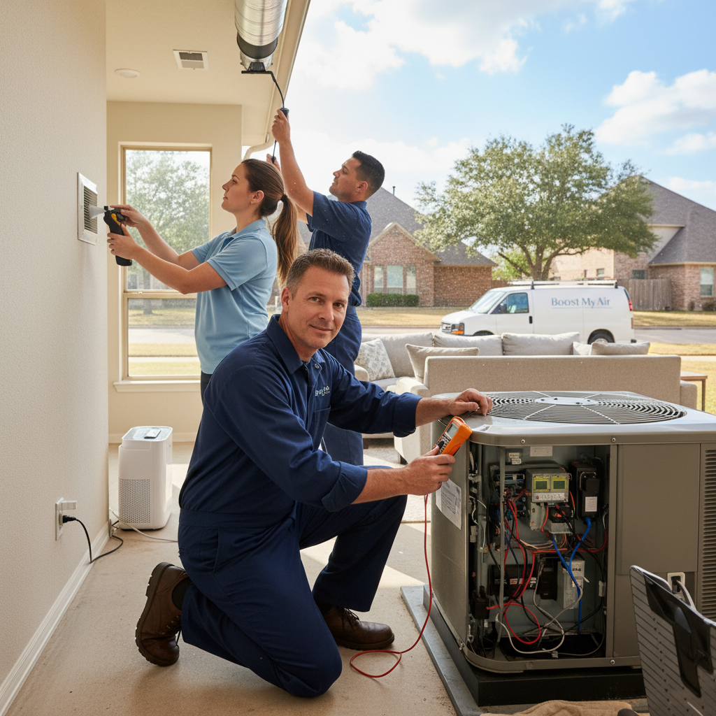 Experienced HVAC technician servicing an outdoor air conditioning unit in a Grand Prairie, TX home.