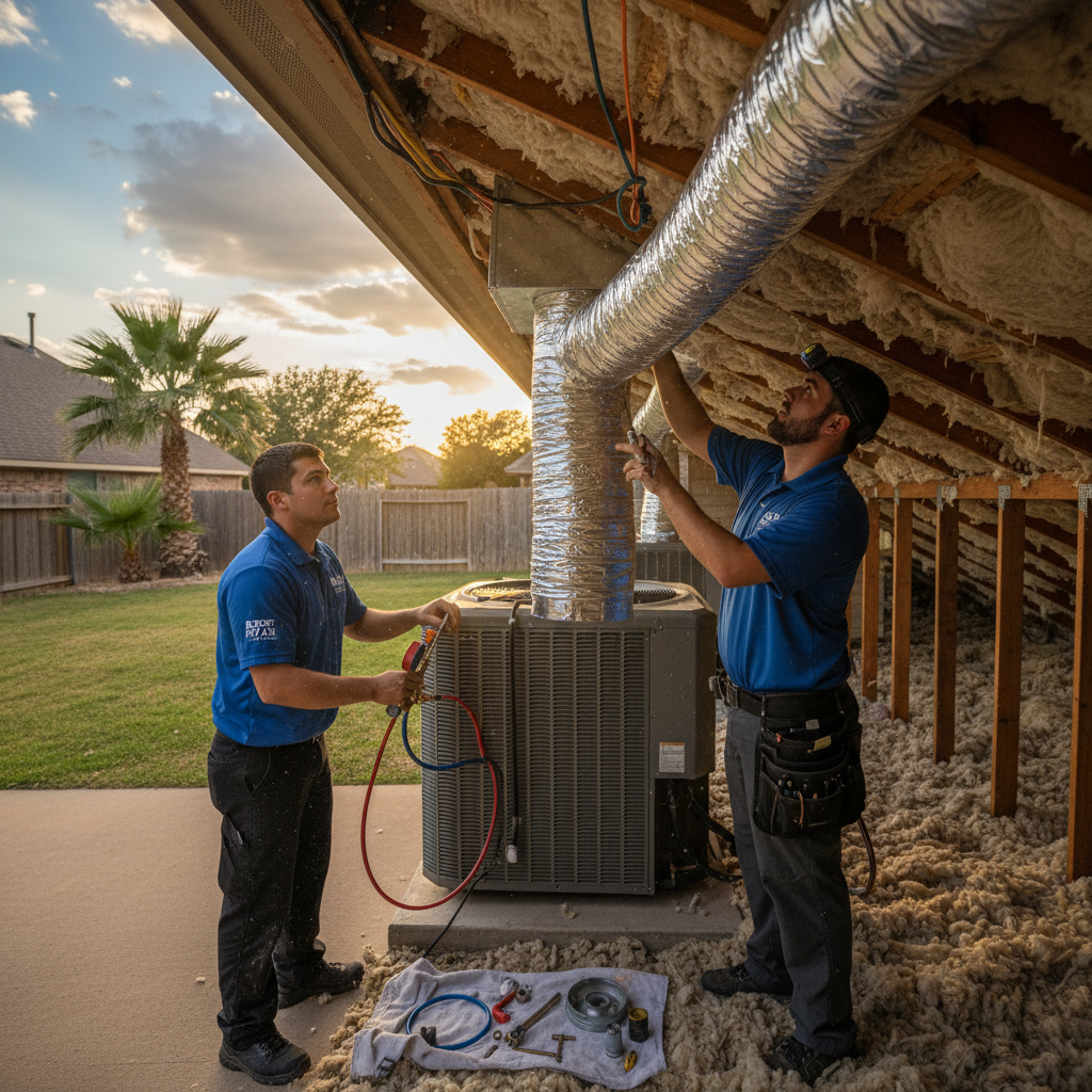 Experienced HVAC technician servicing an outdoor air conditioning unit in Grand Prairie, TX, DFW metroplex.