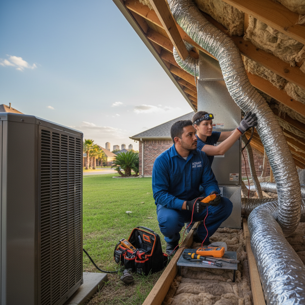 Experienced HVAC technician servicing an outdoor air conditioning unit in Grand Prairie, TX.